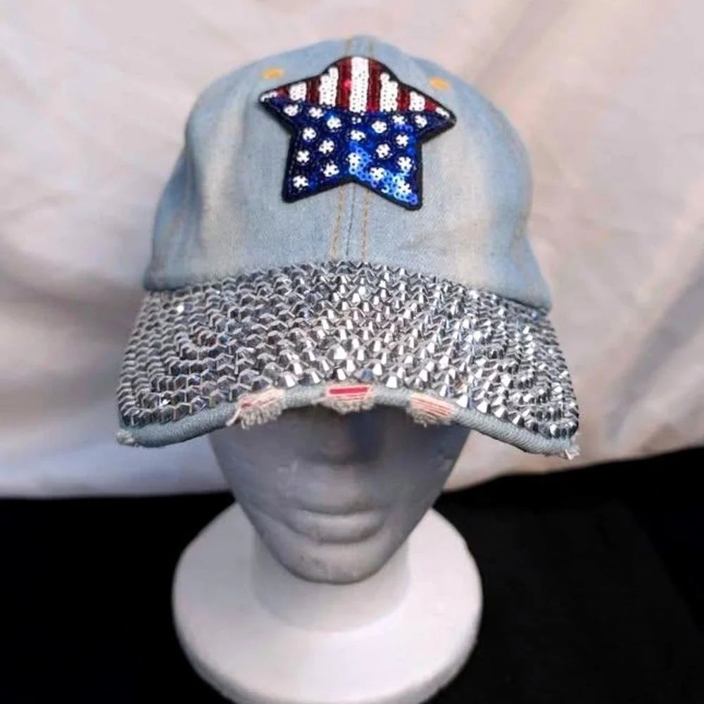 Unbranded/Denim‎ Baseball Cap/Women's OS/Blue Studded/Rhinestone/Star Patch/Adj.